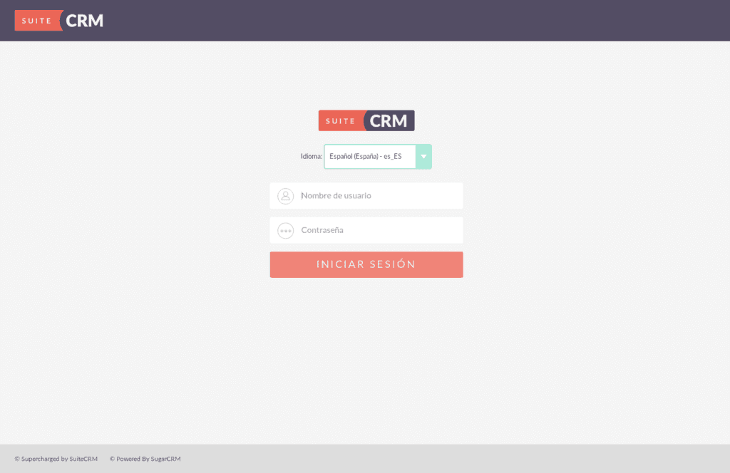 Captura de acceso o login a SuiteCRM en español