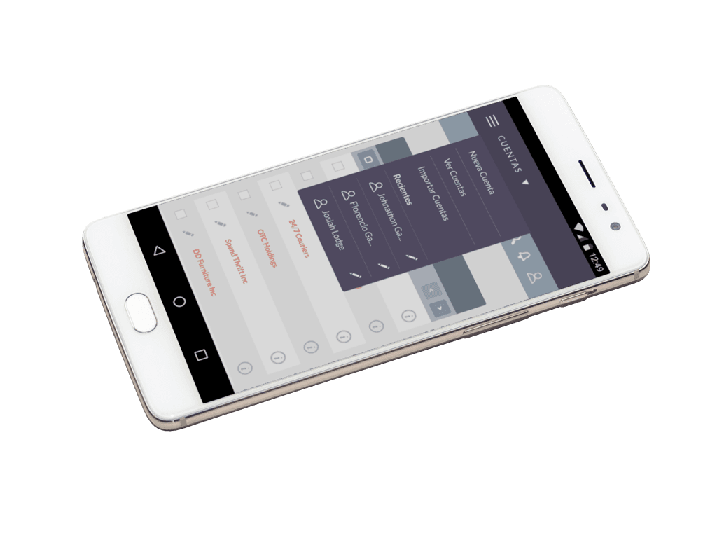 Imagen de un móvil con apartado Cuentas abierto de SuiteCRM